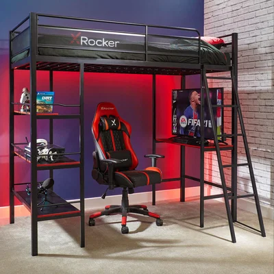 Dunelm X Rocker Fortress Gaming High Sleeper Bunk Bed with Shelves & Desk Black