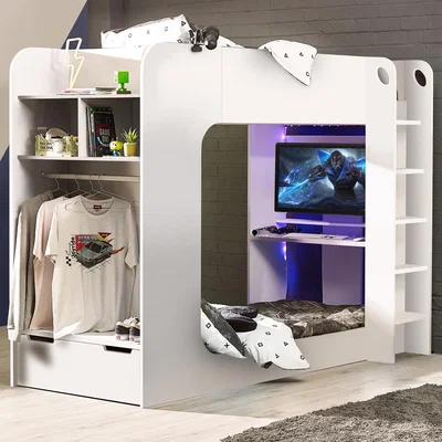 The Range Impact Gaming Bunk Bed | White | Built-in Desk and Shelves for TV or Monitor | Sturdy Metal Frame | Kids' Bedroom Furniture