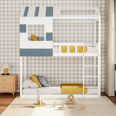 The Range Full Over Wood House Kid Low Wood Bunk Bed Frame With Ladder Bedroom - White