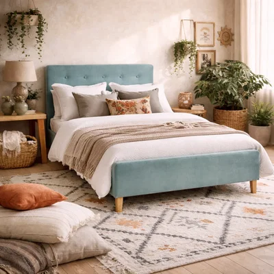 The Range Kinsale 5ft King Velvet Bed in Soft Aqua Tufted Headboard and Footboard - Blue