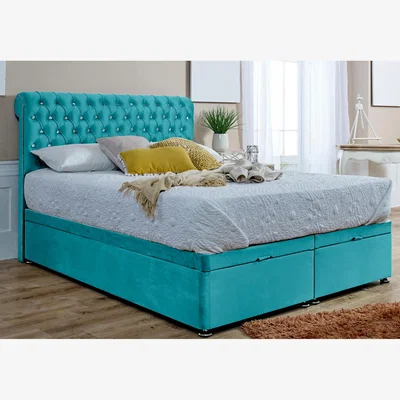 The Range Santino Plush Divan Endlift Ottoman Bed Frame With Chesterfield Headboard - Teal / Single