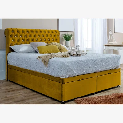 The Range Santino Plush Divan Endlift Ottoman Bed Frame With Chesterfield Headboard - Mustard Gold / Single