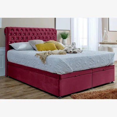 The Range Santino Plush Divan Endlift Ottoman Bed Frame With Footboard And Headboard - Maroon / King