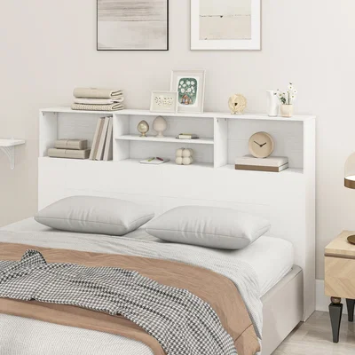 The Range HOMCOM King Size Headboard with Storage and 4 Open Compartments, White - White