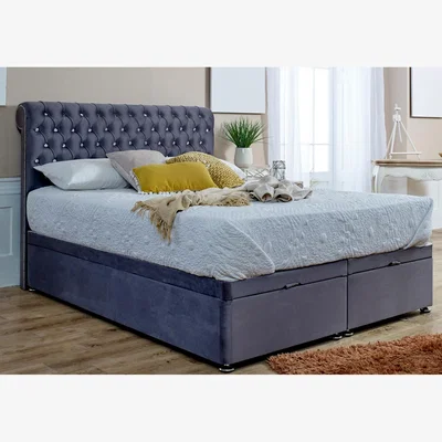 The Range Santino Plush Divan Endlift Ottoman Bed Frame With Chesterfield Headboard - Steel / Small Double