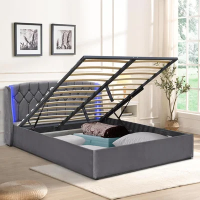 The Range Fabric Gas Lift Bedframe LED Headboard - Grey / Double