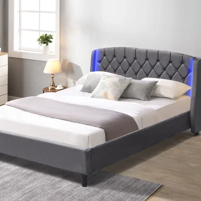 The Range Fabric Bedframe In Grey Or Green In 3ft 4ft6 Or 5ft With LED Headboard - Grey / King