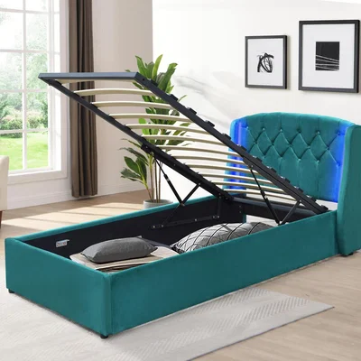 The Range Fabric Gas Lift Bedframe LED Headboard - Green / Single