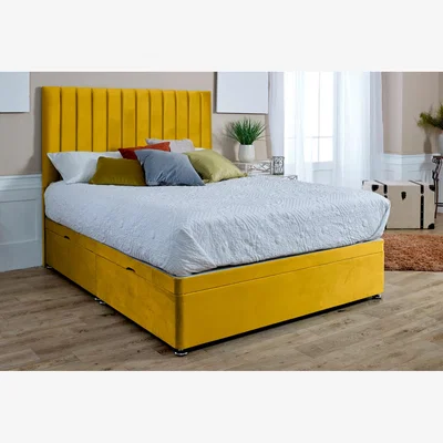 The Range Sophia Divan Ottoman Plush Divan Sidelift Ottoman Bed Frame With Lined Headboard - Mustard Gold / Small Double