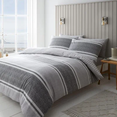 Downtown Catherine Lansfield Textured Banded Stripe Charcoal Duvet Set - Double, Cotton, Striped - Cream/Beige/Grey