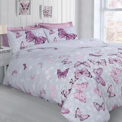 The Range Delicate Butterfly Glaze Reversible Duvet Set - Grey/Lilac / Double