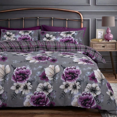 The Range Stunning Cassia Floral Easycare Reversible Duvet Set - Grey or Purple / Double