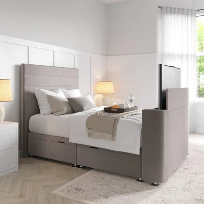 Furniture123 Double TV Ottoman Bed in Mink Brown Velvet with Stripe Headboard - Eden
