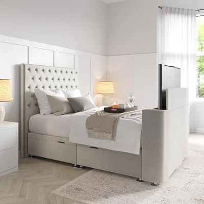 Furniture123 Double TV Bed in Cream Velvet with Chesterfield Headboard - Avery