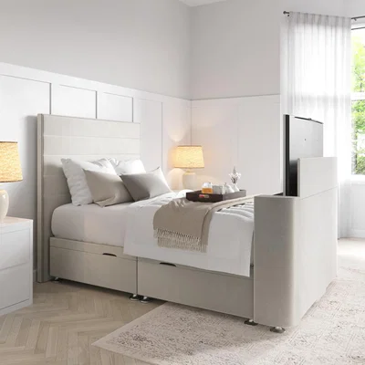 Furniture123 Double TV Ottoman Bed in Cream Velvet with Stripe Headboard - Eden