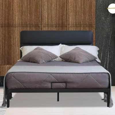 The Range Metal Bedframe with Faux Leather Headboard - Black / Double