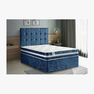 The Range Delia Divan Bed Set with Headboard Mattress-Plush Fabric, 2 Drawers Left Side - Blue / Double