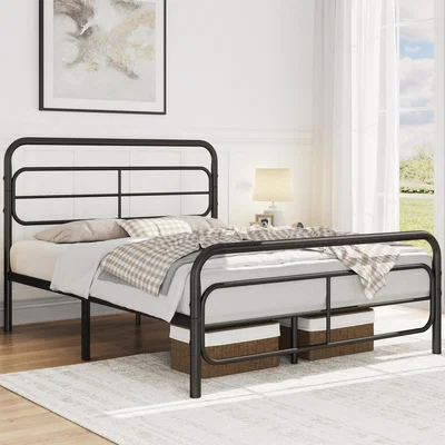 The Range Metal Bed Frame with Geometric Patterned Headboard - Black / Double