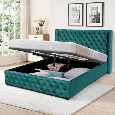 The Range Winged Velvet Storage Bed Frame with Headboard - Green / Double