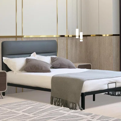 The Range Metal Bedframe with Faux Leather Headboard - Grey / Double