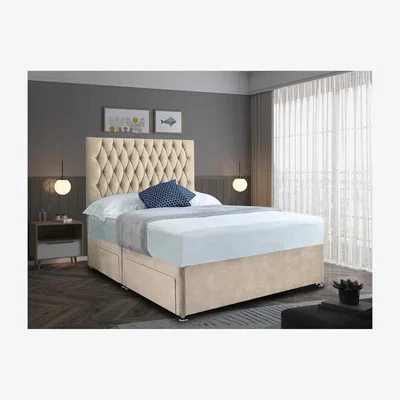The Range Jemma Divan Bed Set with Headboard Mattress-Chenille, 2 Drawers Right Side - Yellow / Cream / Double