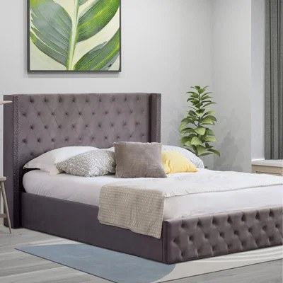 The Range Winged Plush Velvet Fabric Ottoman Gas Lift Up Storage Bed Frame with Headboard - Dark Grey / Double