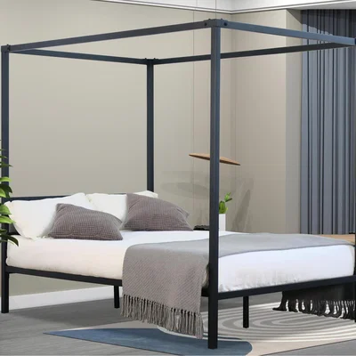 The Range Four Poster Metal Bedframe with Minimalist Headboard Design - Black / Double