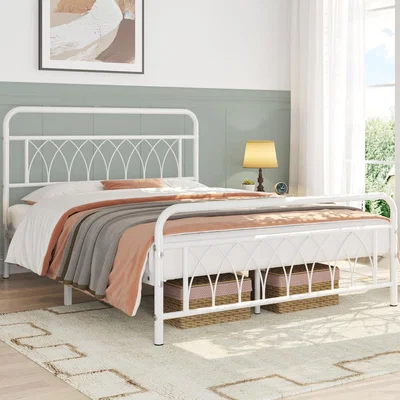 The Range Metal Bed Frame with Petal Accented Headboard and Footboard - White / Double