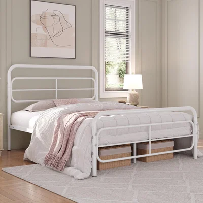 The Range Metal Bed Frame with Geometric Patterned Headboard - White / Double