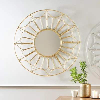 Dunelm Metal Cane Effect Round Wall Mirror, Gold Effect 100cm Gold Effect