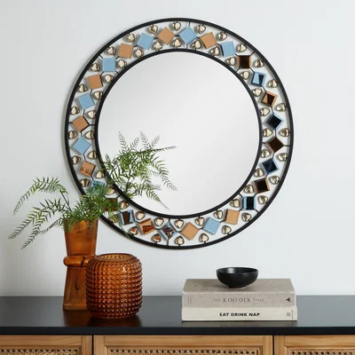 Dunelm Global Gem Edge Round Wall Mirror, Black 68cm Black