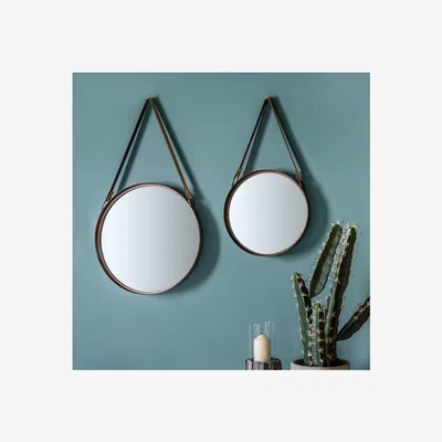 Furniture123 Set of 2 Round Mirrors Leather Hanging Strap - Caspian House