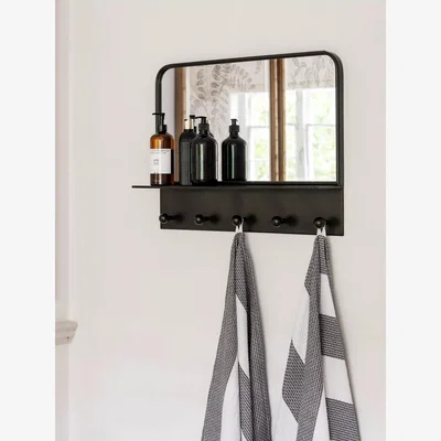 John Lewis One.World Granville Metal Shelf & Hooks Wall Mirror, 48 x 68cm, Grey