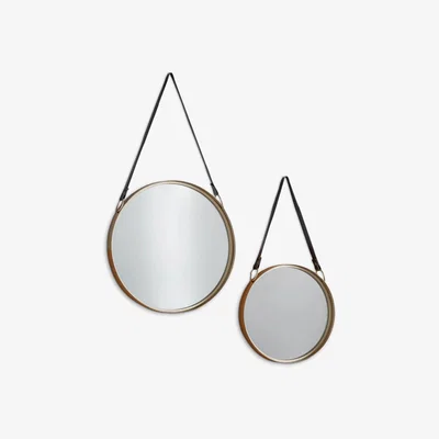 John Lewis Marston Round Metal Frame Hanging Mirrors with Faux Leather Straps, Set of 2, Gold