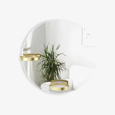 John Lewis Umbra Perch Round Wall Mirror with 2 Shelves, 61cm, Brass