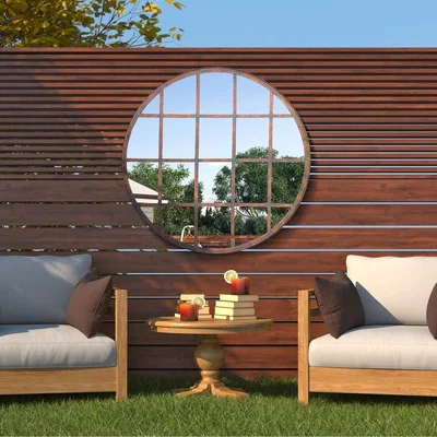 The Range MirrorOutlet Kirkby Metal Round shaped Window Garden Mirror - Bronze
