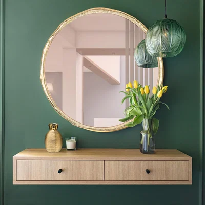 The Range Zenith Organic Wall Mirror With Pink glass Metal Frame, Brass, 61cm Round. - Brass