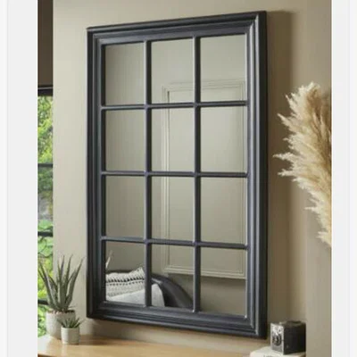The Range Vintage Window Pane Wall Mirror Wooden Frame Hanging Decor - Black / 80cm