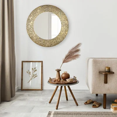 The Range Abyss Textured Wall Mirror For Living Room , Metal Frame, Brass, 63cm Round. - Brass
