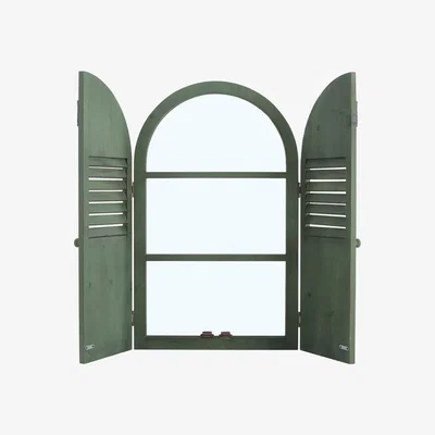 The Range Outdoor Arched Window Wall Mirror With Openable Door Garden Decor Wooden Frame - Dark Green