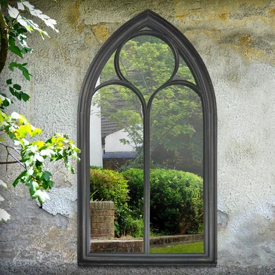 The Range Capulet Black Rustic Chapel Window Garden Wall Mirror 112cm x 61cm - Antique Black