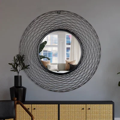 The Range Trellis Mesh Wall Mirror for Hallway, Dining, Metal Frame, Black , 72cm Round. - Black