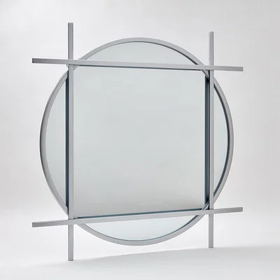 The Rug Seller Round Mirror With Geometric Square Frame in Silver Grey