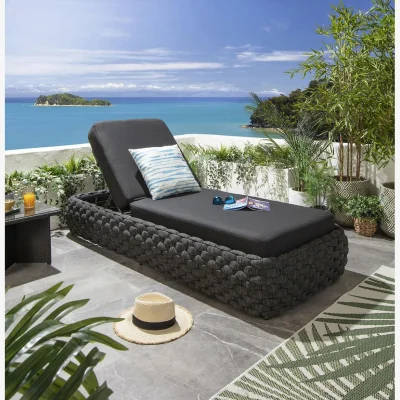 Quatropi Luxury Outdoor Garden Cushioned Sun Lounger Rope Weave Grey 208x85cm
