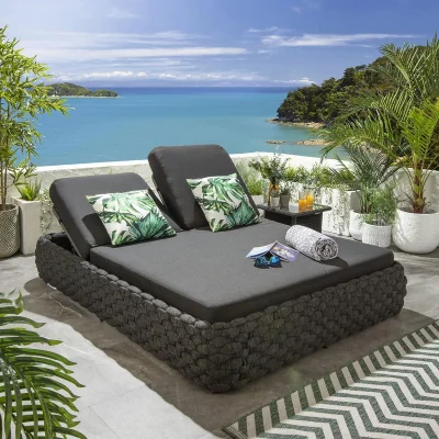 Quatropi Modern 2 Person Double Sun Lounger Sunbed Rope Weave Grey 203x152cm