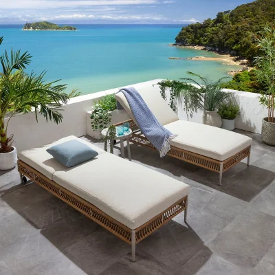Quatropi Set of 2 Premium Outdoor Garden Cushioned Sun Loungers Neutral Beige Rope 200x77cm