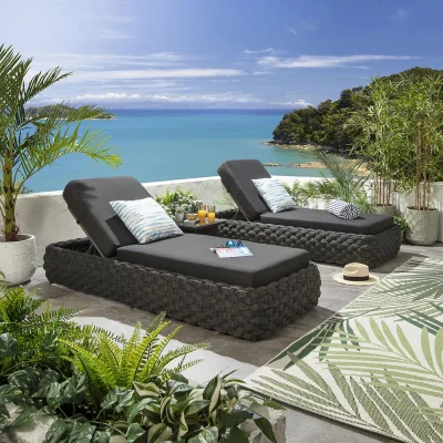 Quatropi Set of 2 Outdoor Garden Cushioned Sun Loungers Rope Weave Grey 208cm
