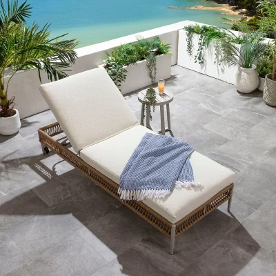 Quatropi Premium Outdoor Garden Cushioned Sun Lounger Neutral Beige Rope 200x77cm