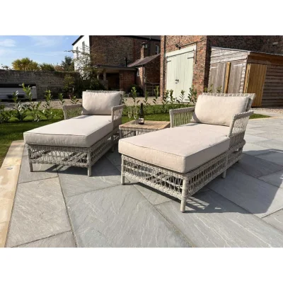 The Range Santorini Wicker Sun Lounger Set 2 Chaise Loungers with Side Table - Beige