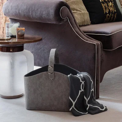 Amara Luxe - Faux Leather Storage Basket With Handle - Grey Croc